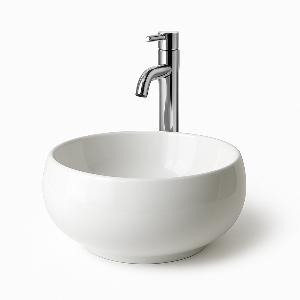 Lavabo moderno de mármol blanco con grifo cromado